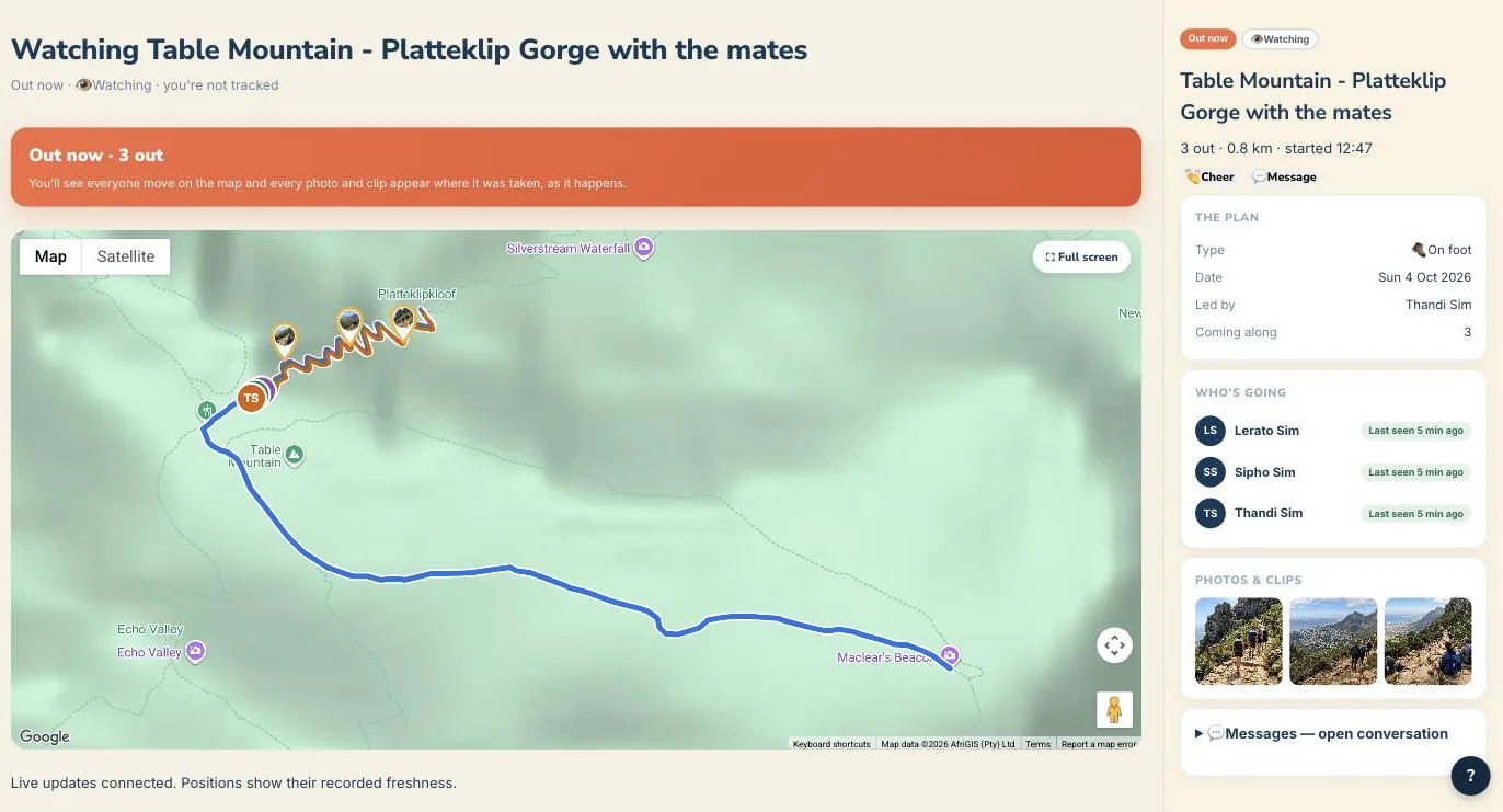 Watching a hike live on the web: the group's trail, the planned route, photos pinned where they were taken